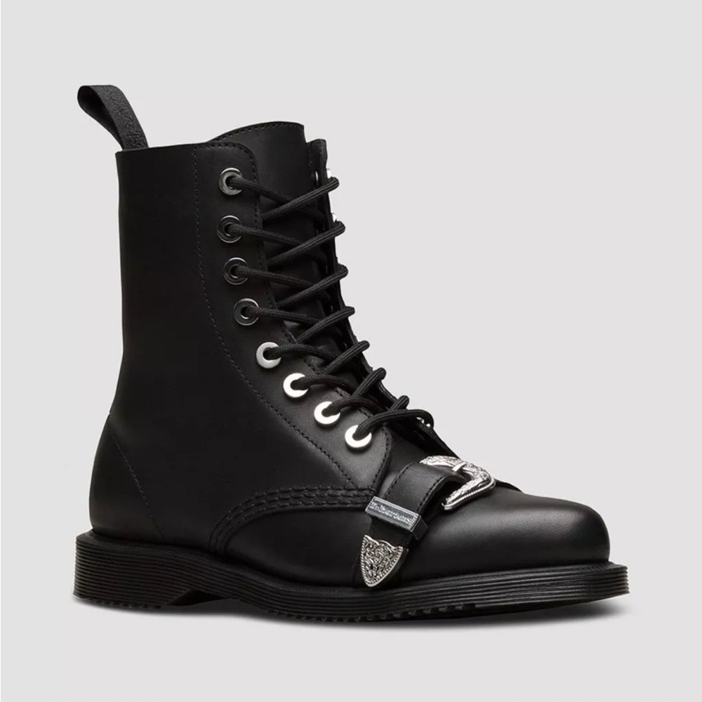 Dr. Martens Ulima Black Temperley Leather Combat Boots Lace‑Up Buckle Women’s 9